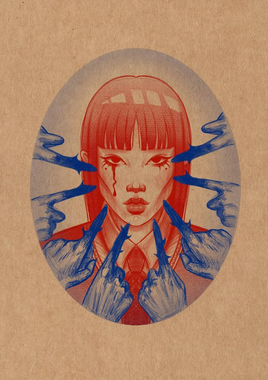 Surreal Portrait with Blue Hands